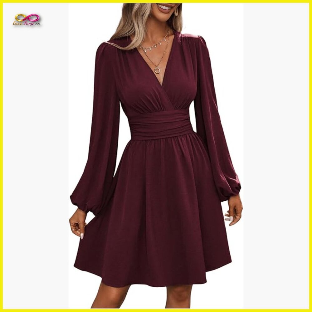 Elegant V Neck Long Sleeve High Waist Swing Cocktail Dress Prom Party Wear